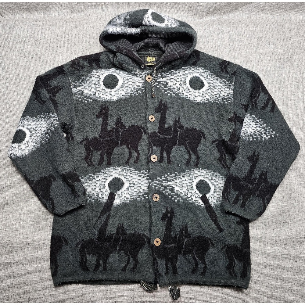 Tejidos Atahualpa Wool Sweater Mens Large Hooded Llama Pattern Button Jacket
